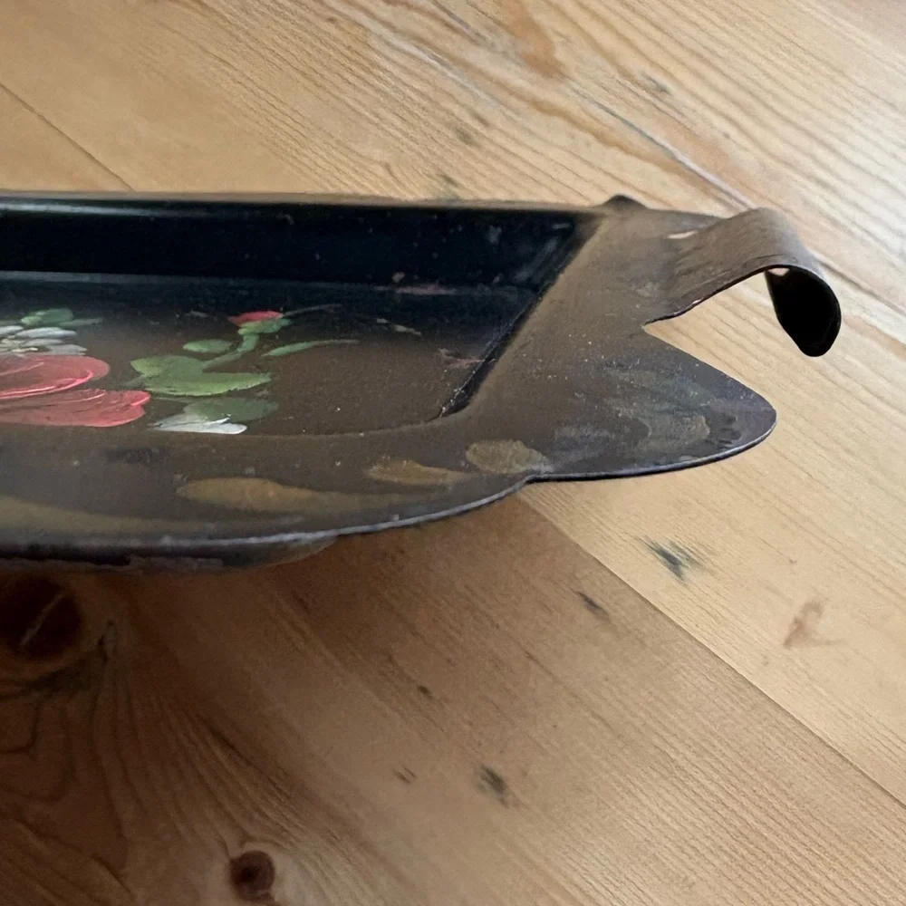 Vintage Toleware Hand Painted Red Rose Floral Black Decorative Tray